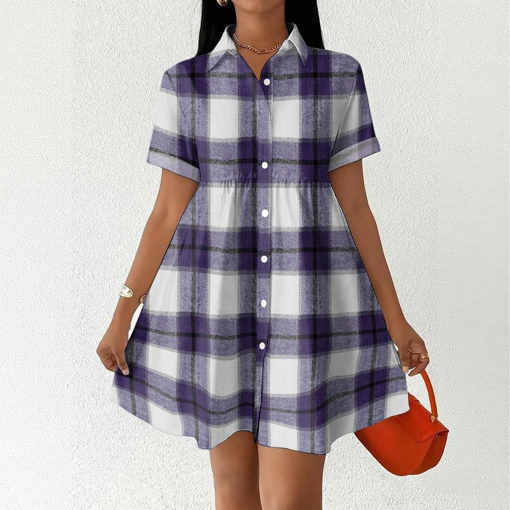 Women Casual Loose Fit Shirt Dress Button Front Short Sleeve Collared Dress Lightweight Plaid Pattern Summer Dress