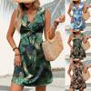 Women's Floral Print V-Neck Sleeveless Summer Dress with Leaf Pattern, Casual Beach Sundress