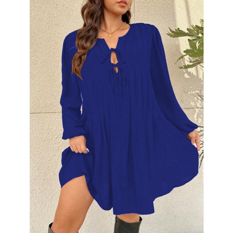 Loose Plus Size Solid V Neck Long Sleeve Casual Dress
