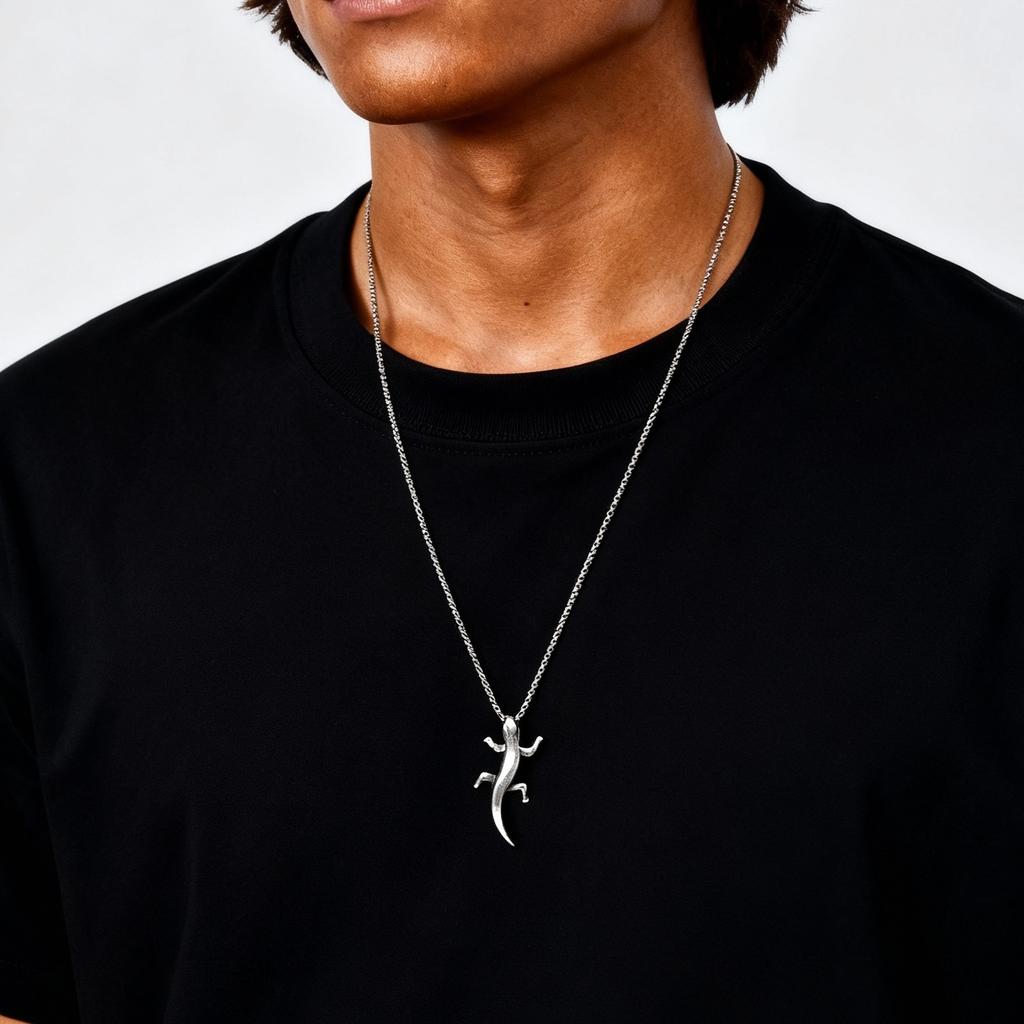 Unique Gecko Lizard Pendant Necklace for Men Male, Stainless Steel Hip Hop Animal Necklace, Fashion Jewelry Creativity Gift