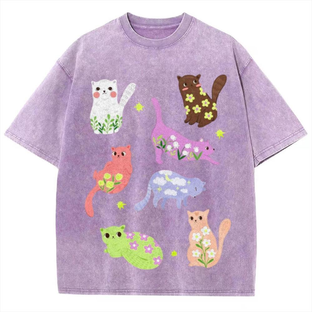 Cartoon Animal Print Women Distressed T-Shirt Oversized Vintage Distressed Short Sleeve Unisex Wash Cute Top