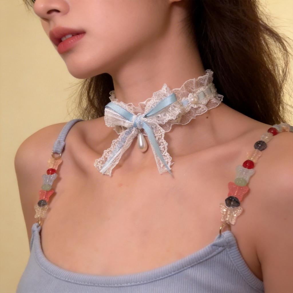 Perlen-Schleifen-Choker Raffinierter Süßer Choker Feminine Spitze Halskette Elegantes Weißes Spitzen-Halsband Für schulterfreie Oberteile Braut-Looks
