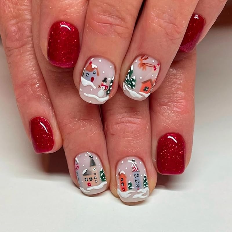 Christmas Snowmen Press On Nails Short Square French Tip Fake Nails with Winter Snowflake Design Blue Winter Xmas Snowmen Glue On False Nail