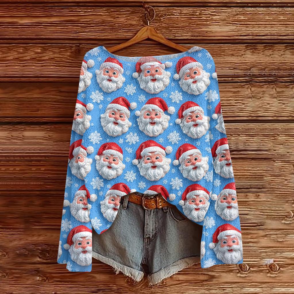Ladies' Fashionable Casual Long Sleeved Christmas Printed Round Neck Knitted Yarn