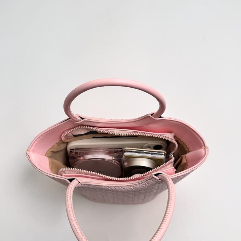 Woven Texture Mini Tote Bag with Round Handle and Detachable Strap