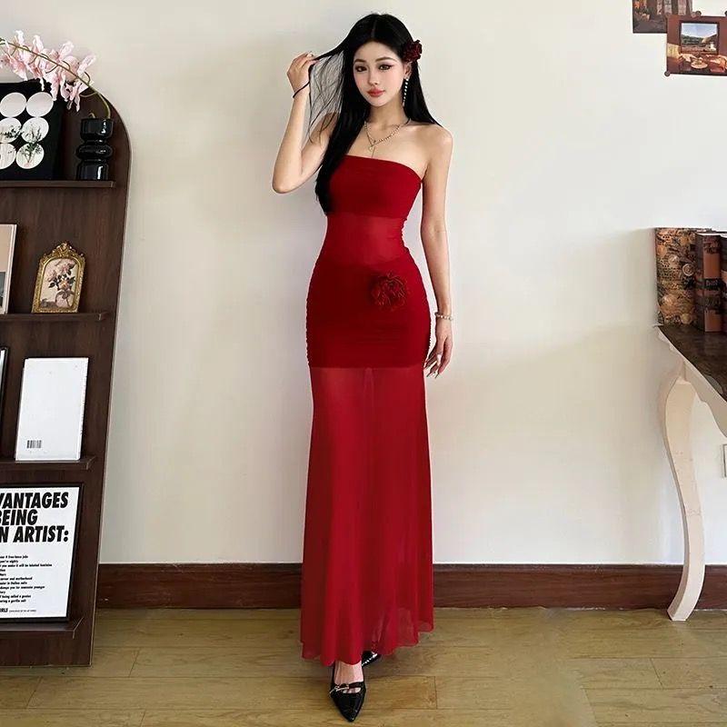 Seaside Holiday Style White Mesh Splicing Sleeveless Tube Top Dress, Super Beautiful, Waist and Hip Beach Dress