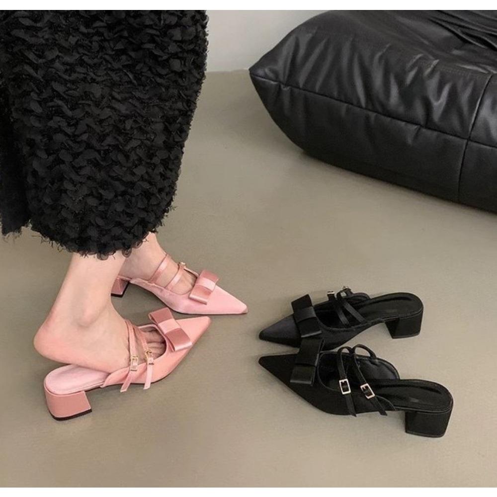 Fashion New Silk Bowknot Pointed Toe Slippers Women Sweet Elegant Mid Heel Slingbacks Shoes Female Slides Fashion Designer Sandals