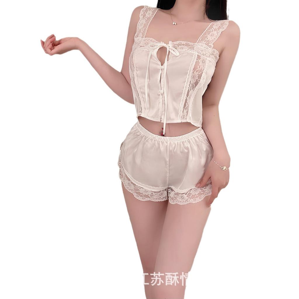 Crispy Sexy Sweet and Spicy Women's Summer Ice Silk Thin Pure Desire Suspender Shorts Two-piece Set Lace Temptation Set