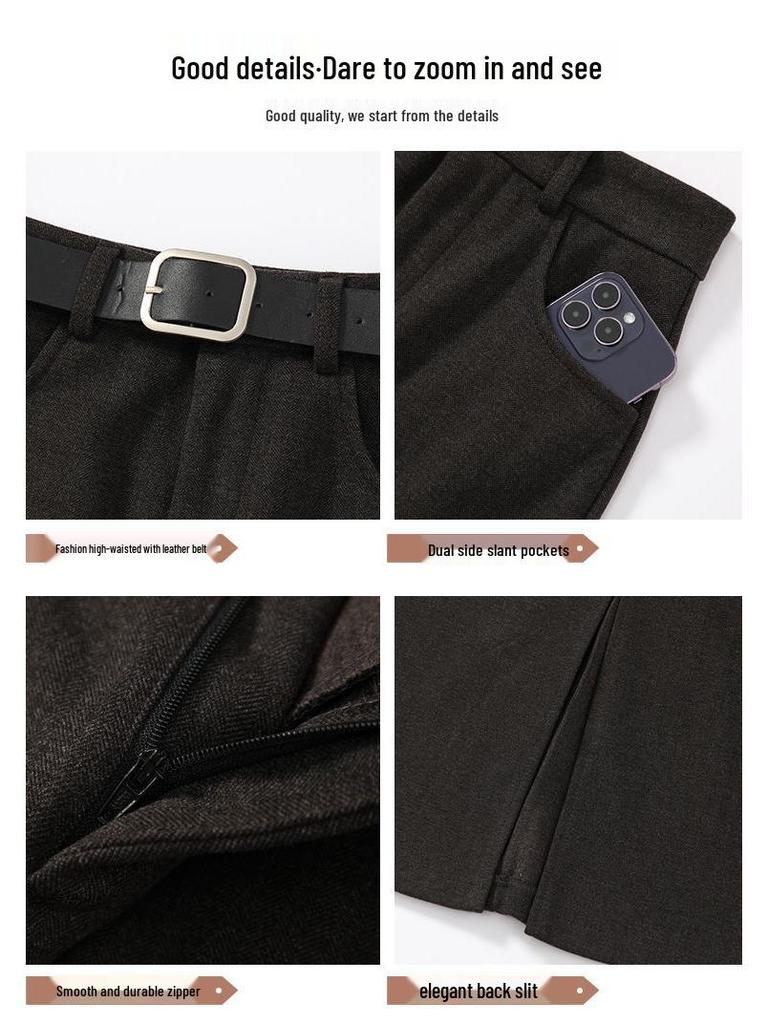 Women's High-Waist Woolen Midi Skirt - Slimming Bodycon with Slit for Autumn/Winter