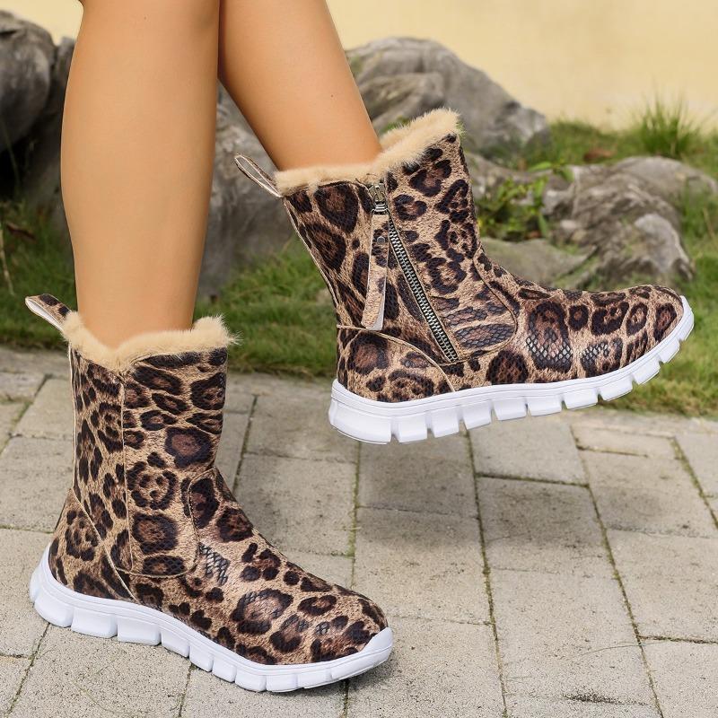 Fashion Winter New Flat Shoes Women's Fashion Round Head Side Zipper Snake Soft Sole Anti-slip Wear-resistant Short Boots