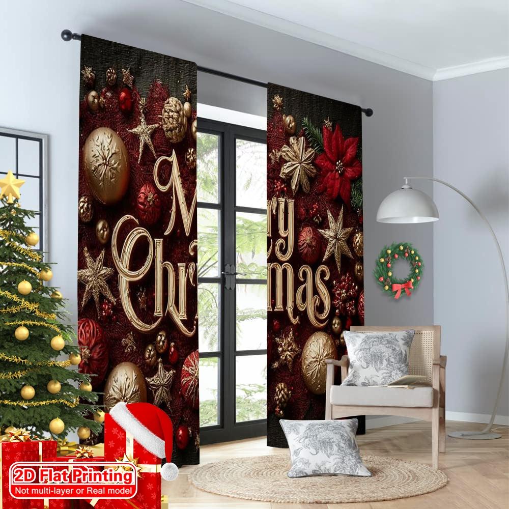 2pcs 2D Flat Printing Merry Christmas Scene Curtains Red Christmas Fabric Without Electricity Spring Perfect for Holiday Family