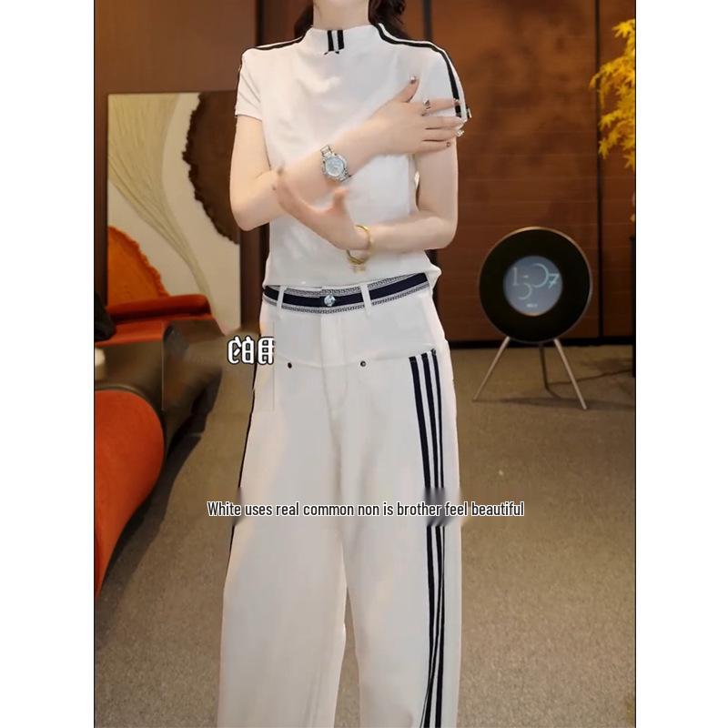 Summer Stylish Round Neck Slim Top & Vertical Stripe Casual Pants Set M
