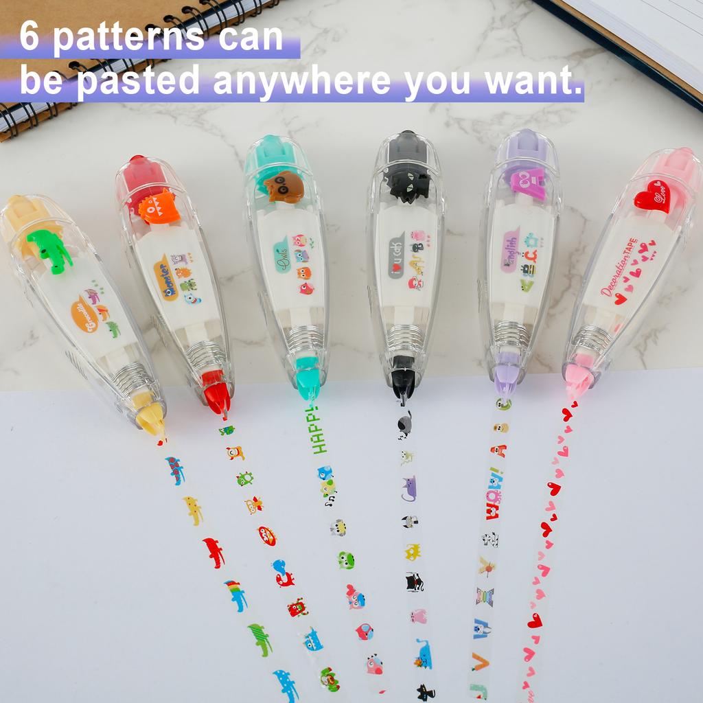 6Pcs Cute DIY Patterned Decorative Design Correction Tape Decorative Pen for Decorating Diarie Office School Stationery Supplies