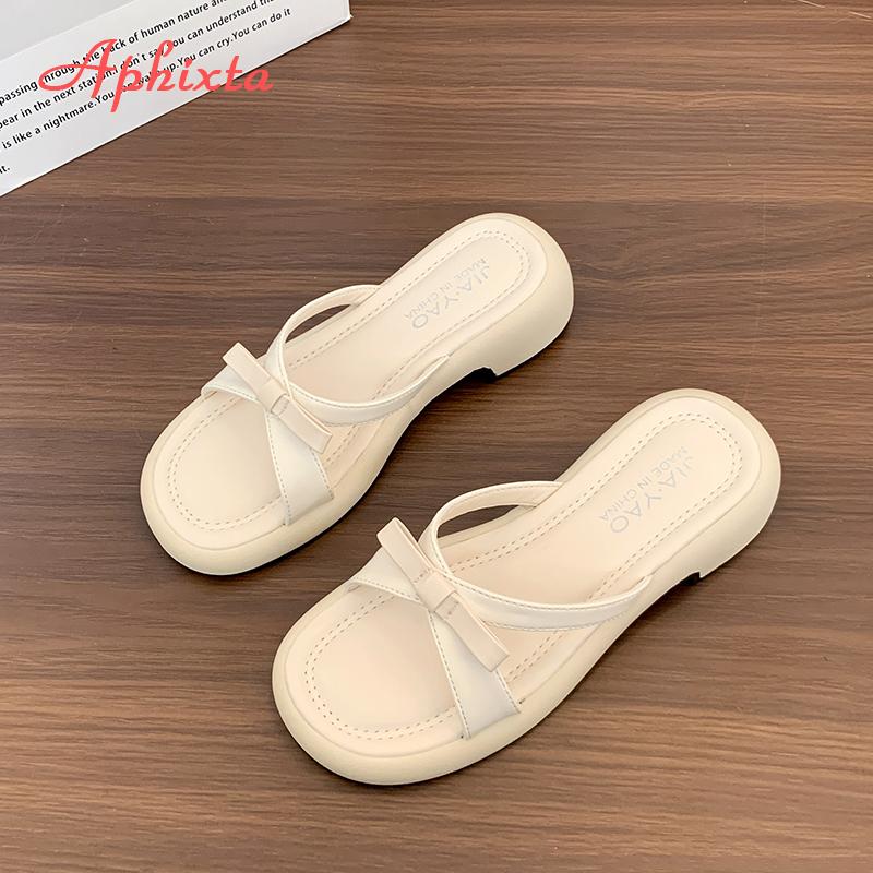 Fashion Aphixta Fashion Straps Summer Beach Shoes 4.5cm Square Heels Slippers Women Sweet Bow Mulers Outside Summer Sandals Shoe Slides