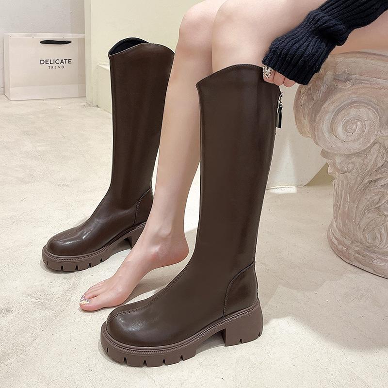 Qiao Feifei V-mouth long boots for women 2025 autumn and winter brown thick-soled high boots Knight boots Children increase height and look thinner