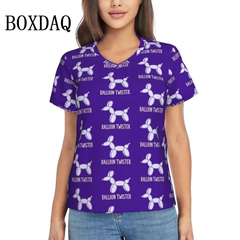 Rainbow Balloon Dogs Print T Shirt Female Summer V-Neck T Shirts Short Sleeve Street Fashion Shirt Women Cute Graphic Kawaii Top