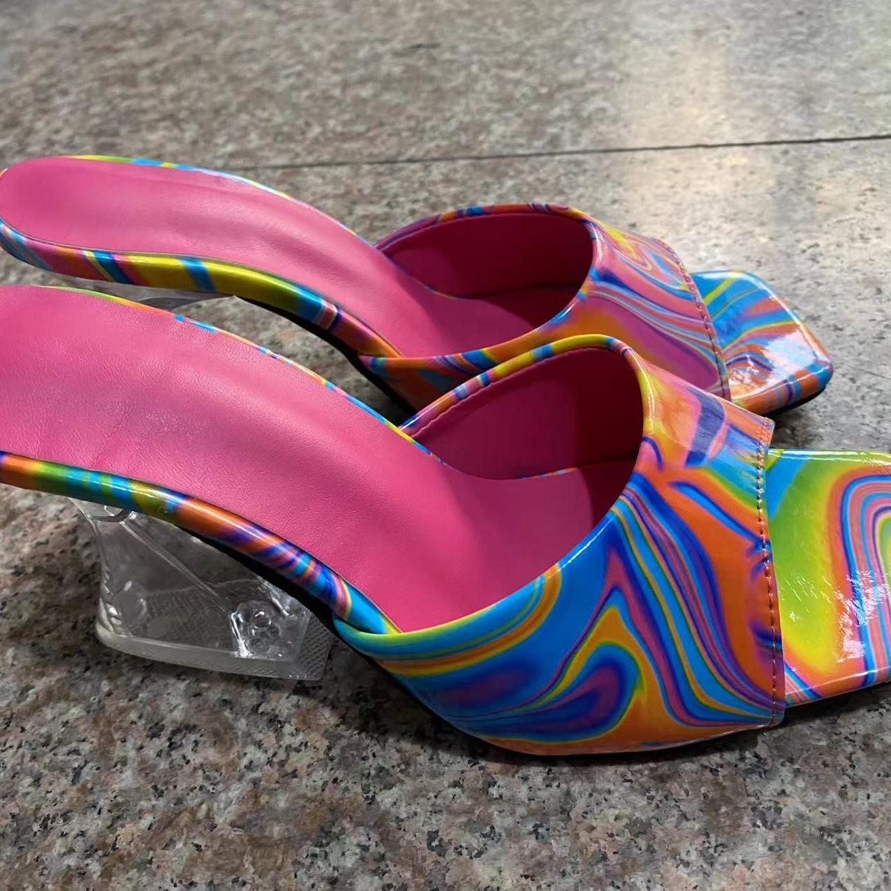 

New Color Square Head High Heel Fashion Slippers Actress and One-Word Graffiti Cool Slippers 43