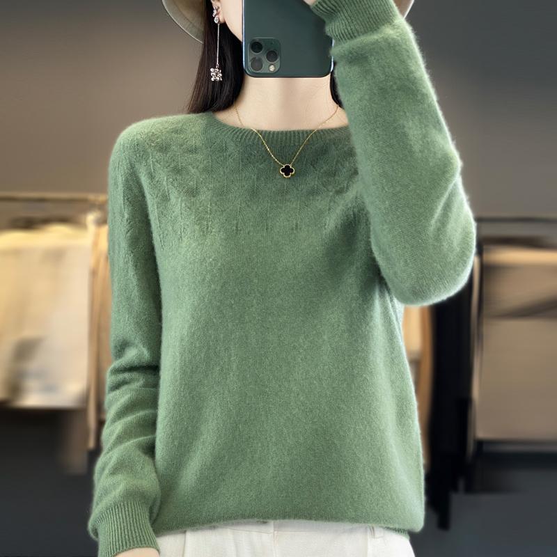 Women's Round Neck Sweater, Qinghe Cashmere, 30% Cashmere 70% Wool, Hollow Winter Knitted Pullover Autumn Sweater Cashmere Sweater