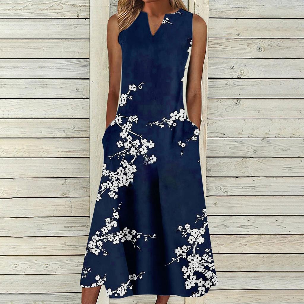 Women's Summer Casual Fashion Printed Sleeveless V-Neck Pocket Dress