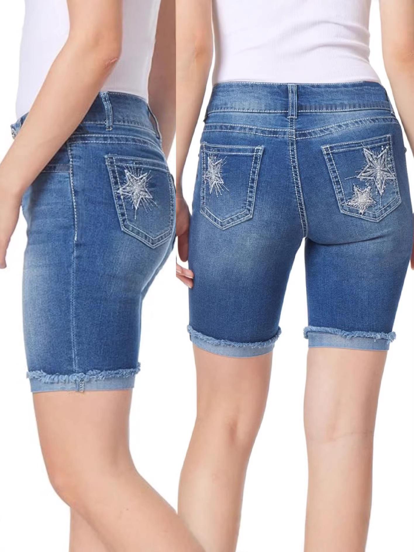 

2025 European & American Fashion Embroidered Stretch Denim Shorts - Blue Double XL синий
