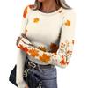 Women's Fitted Long Sleeve T-Shirt with Maple Leaf Print, Neck and Cuffs for Everyday Wear