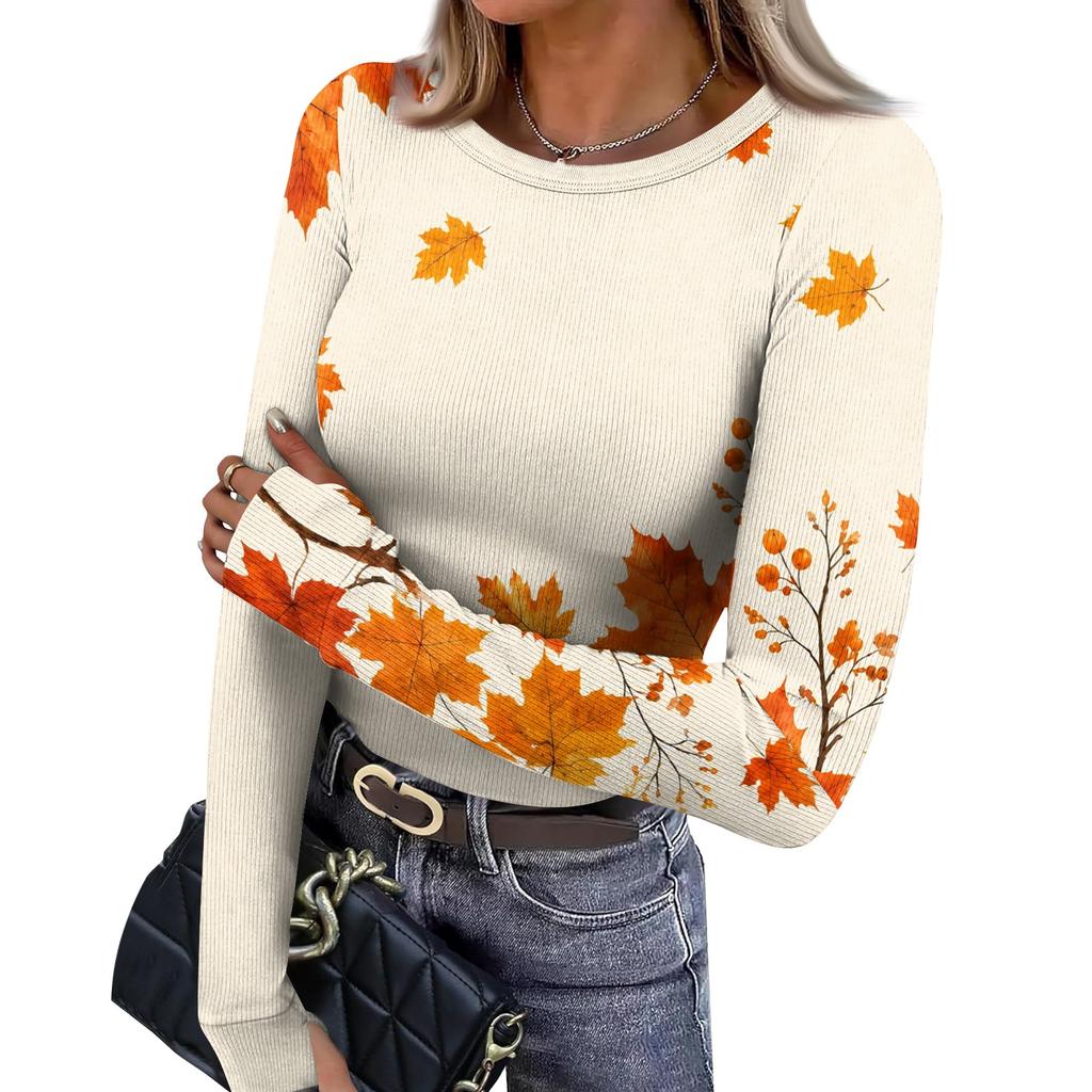 Women's Fitted Long Sleeve T-Shirt with Maple Leaf Print, Neck and Cuffs for Everyday Wear