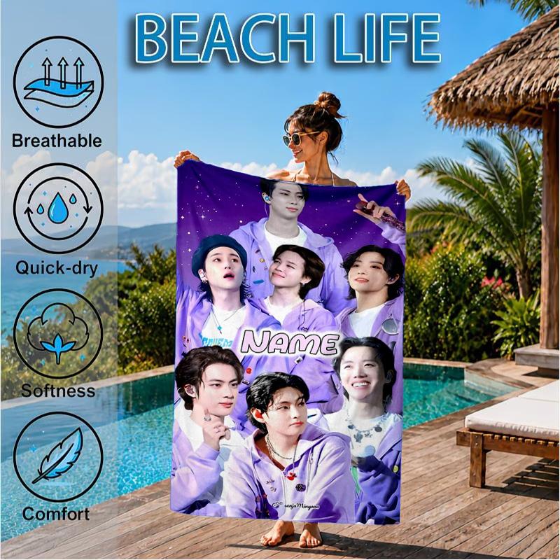 Custom Name Colorful Cartoon K-pop Characters Beach Towel Microfiber Beach Towel, Lightweight and Quick-Dry, for Summer Travel, Swimming Pool Gift