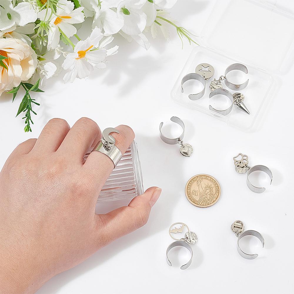 304 Stainless Steel Cuff Finger Rings, with Stainless Steel Pendants, Stainless Steel Color, Inner Diameter: 17~18mm