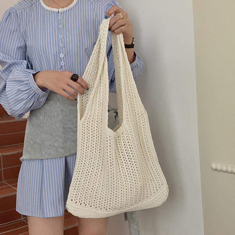 Casual Hollow Grids Knitting Shoulder Bag Large Capacity Multicolor Lightweight Bags Knitted Polyester Casual Tote Vacation