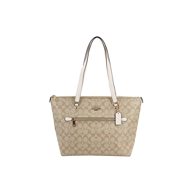 

Coach Gallery 32 Metal Logo Iconic Pendant Coated Canvas Smooth Leather Tote Bag Shopping Handbag Women tote White Brown 79609-IMDQC Basic Set (Bag+Dust Bag)