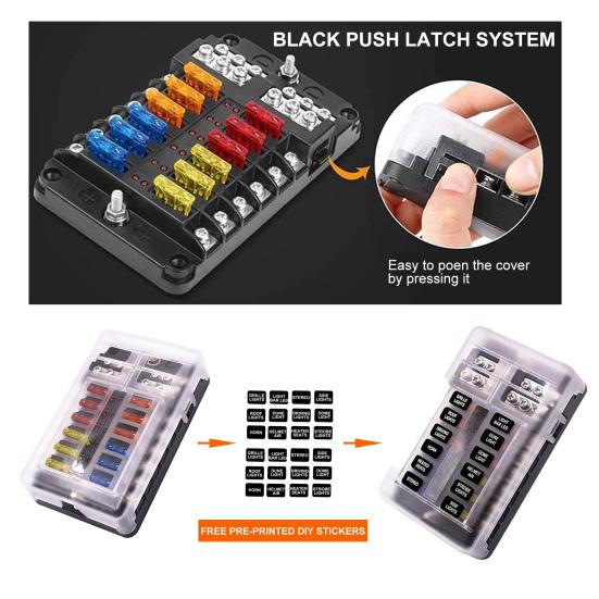 12-Way Fuse Box 12 Circuits Negative Bus Fuse Block Holder With LED Indicator