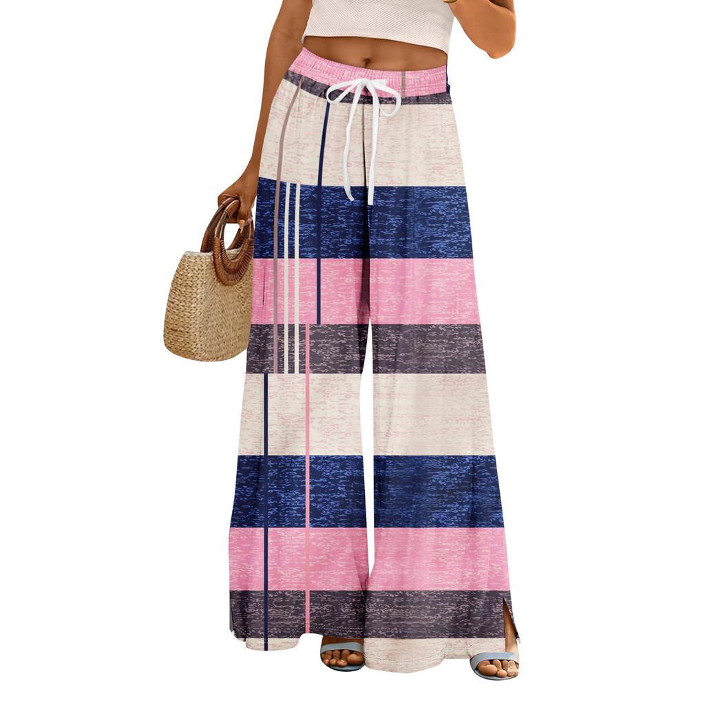 Women Summer Boho Palazzo Pants High Waist Wide Leg Floral Printing Casual Trousers With Pockets