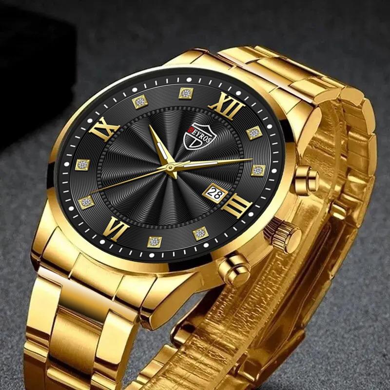 2pcs/set Fashion Calendar Quartz Watch, Luxury Business Stainless Steel Wrist Watch, Ideal Choice for Gifts