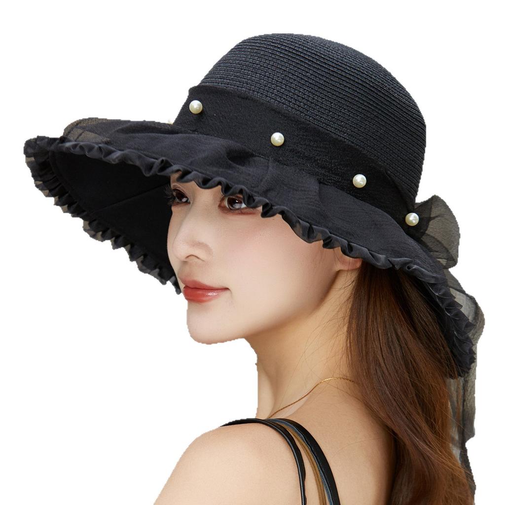 Summer new women's organza bow bucket hat fashion splicing straw hat travel sun protection sun hat big brim