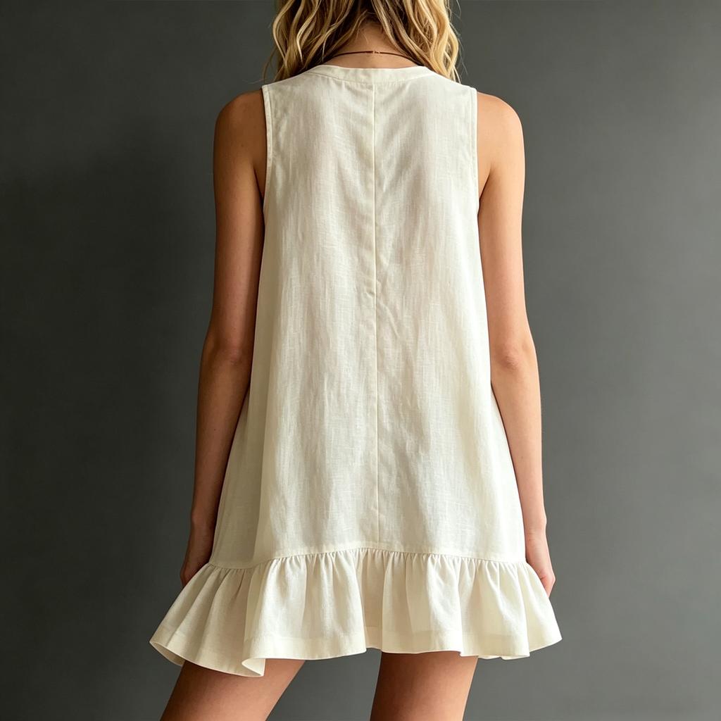 Women’s Sleeveless Ruffle Hem Dress Stand Collar Button Front Solid Tunic Dress with Relaxed Fit for Casual Daily Wear