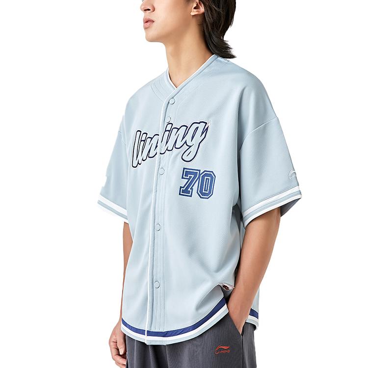Li Ning Letter Print Baseball Knit Cardigan T-Shirt Men Tops Light-Blue LFDQ015-2