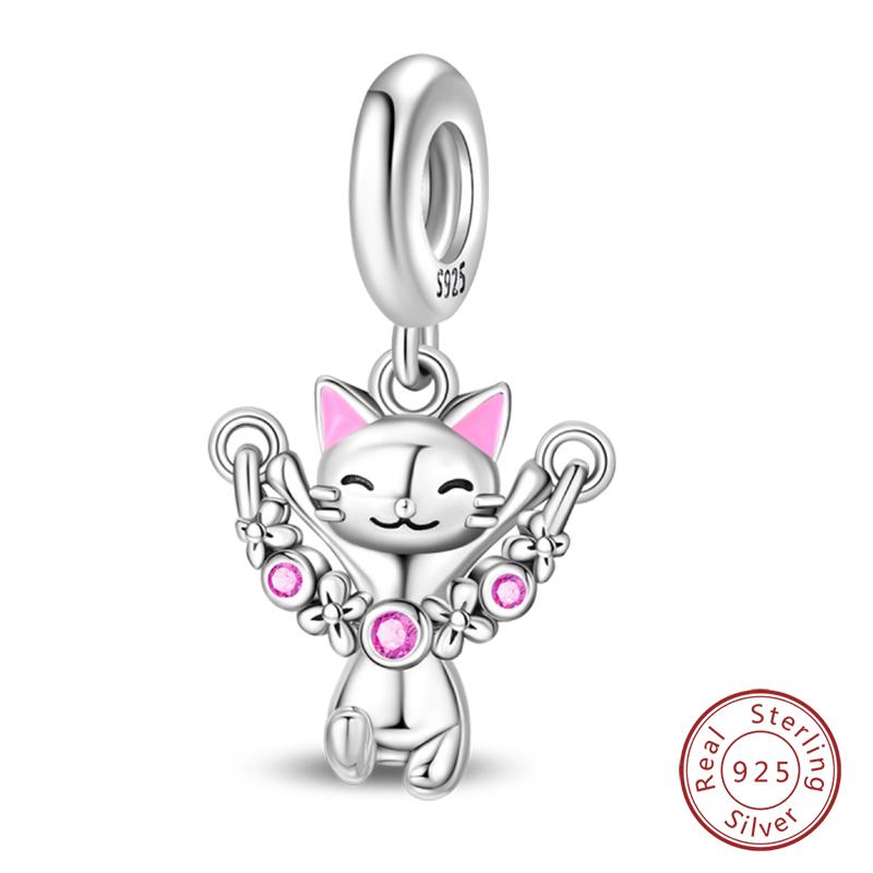 Fit 925 Silver Charms Beads Little Bear Lamb Little Flying Pig Pink Charms For Women DIY Birthday Jewelry Gift