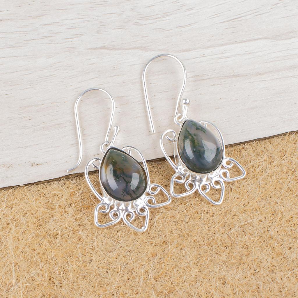 Moss Agate Gemstone Jewelry, 925 Solid Sterling Silver Earrings, Beautiful Silver Earrings For Thanksgiving Gift