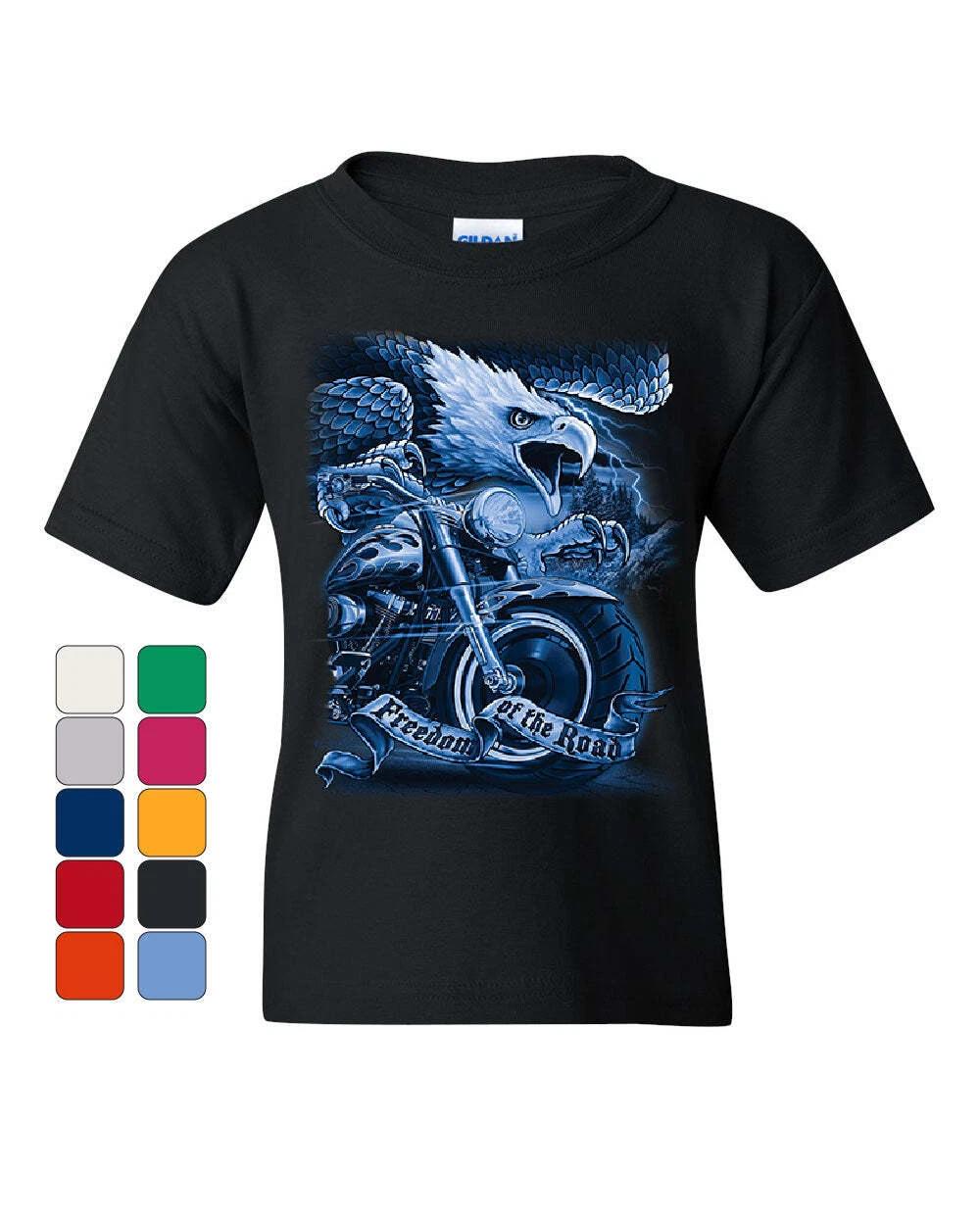 Freedom of the Road Youth kids boys T-Shirt Biker Born to be Wild MC Bald Eagle Kids Tee 120