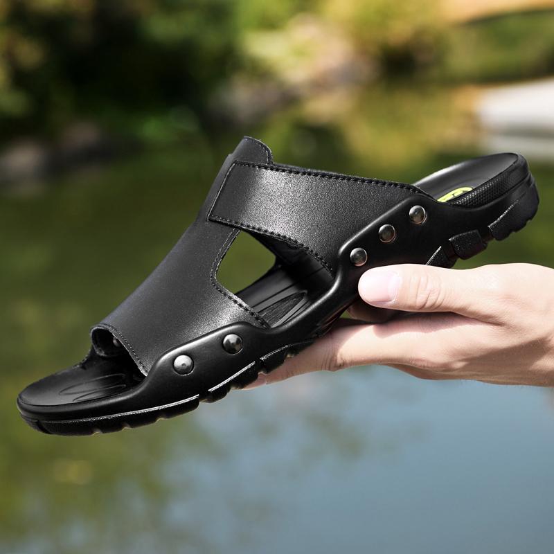 Genuine Leather Slippers Men Outdoor Non-slip Summer Shoes Home Fashion Casual Shoes Cool Soft Beach Pantuflas Plus Size 37-49