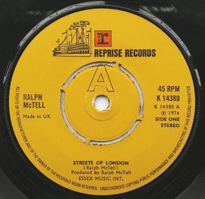 7inch Record RALPH MCTELL  Streets Of London K14380 Reprise Records 1974 UK Rock Used