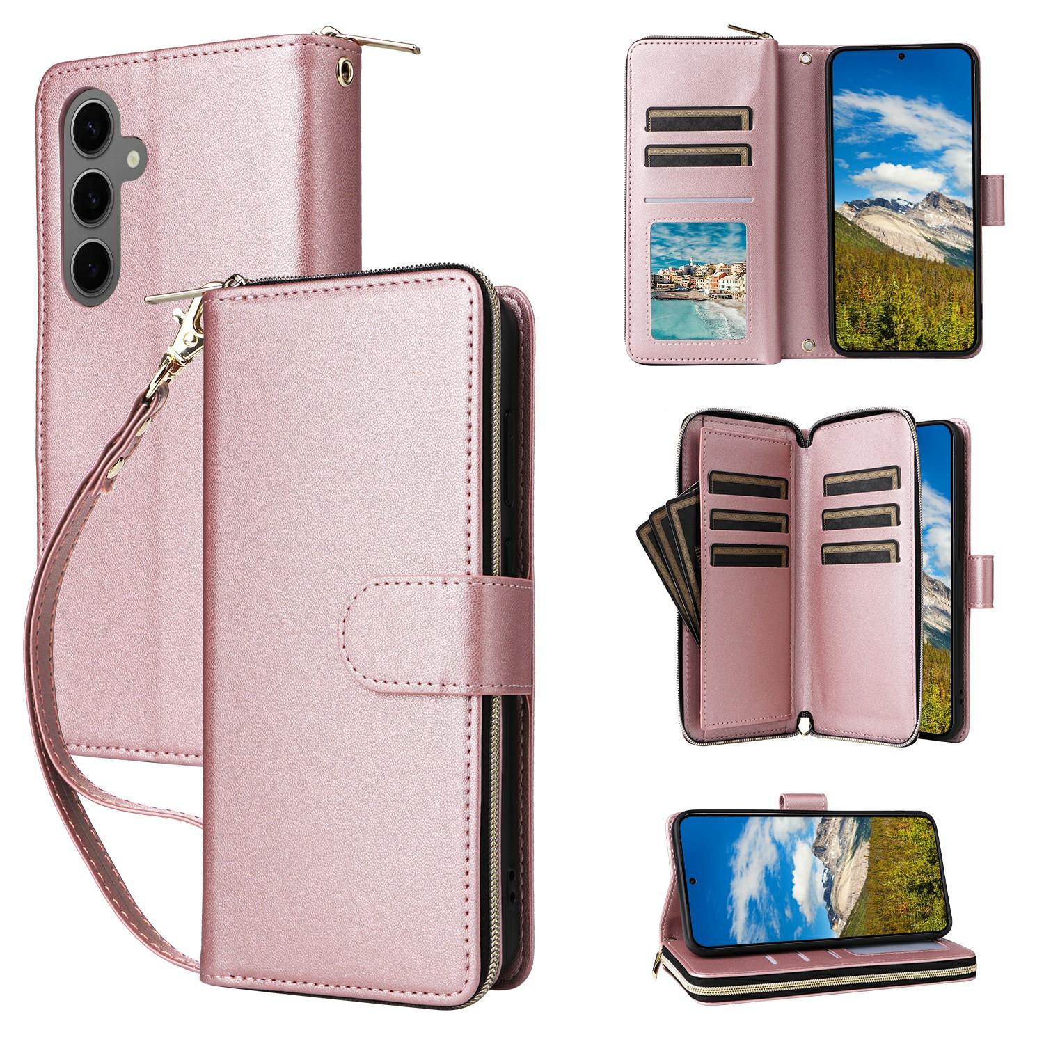 

For Samsung Galaxy S25+/S24+ Case Zipper Pocket PU Leather Cover with 9 Card Slots A