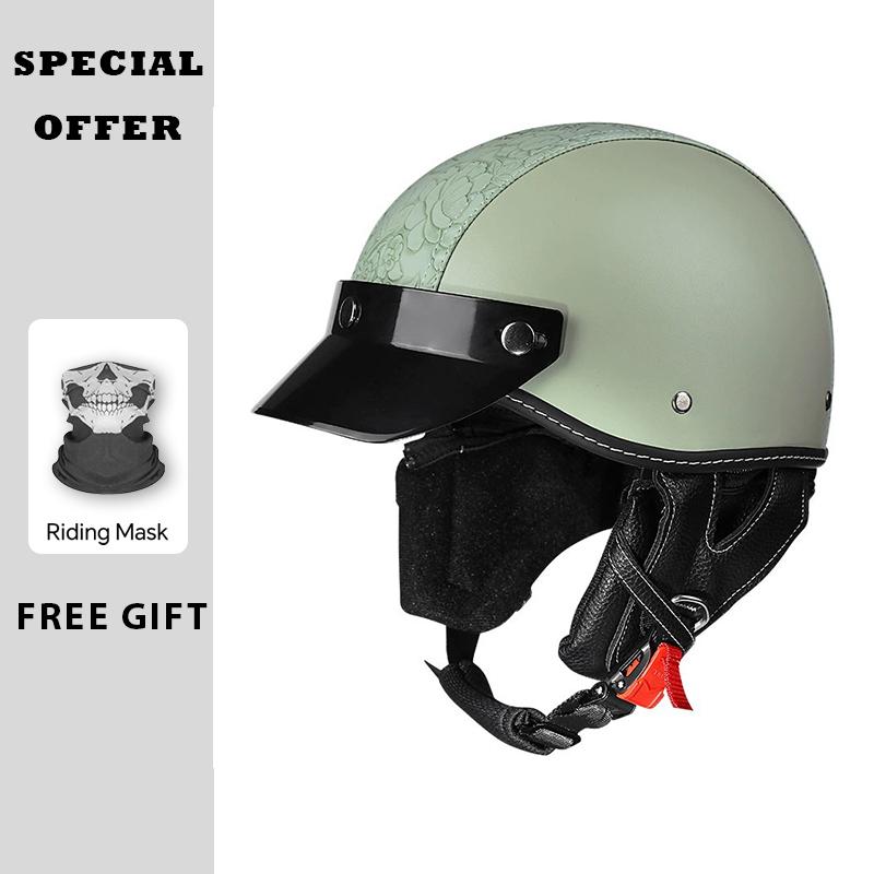 Brown Grid Half Helmet Leather Men Women Half Face Motorcycle Helmets Electric Cruiser Lightweight Small Shell DOT Approved