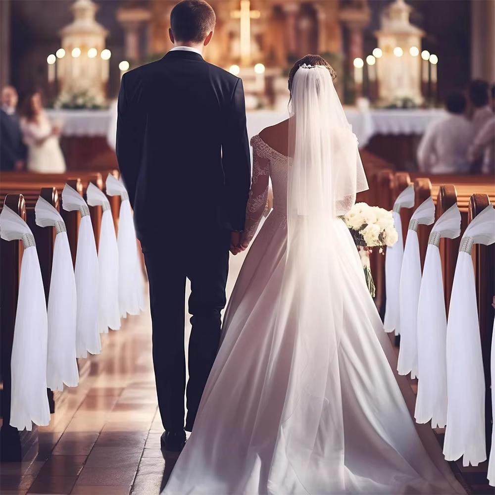 5 Pcs White Veil Wedding Aisle Decoration Outdoor Wedding White Tutu Bow Wedding Pew Bows  Wedding