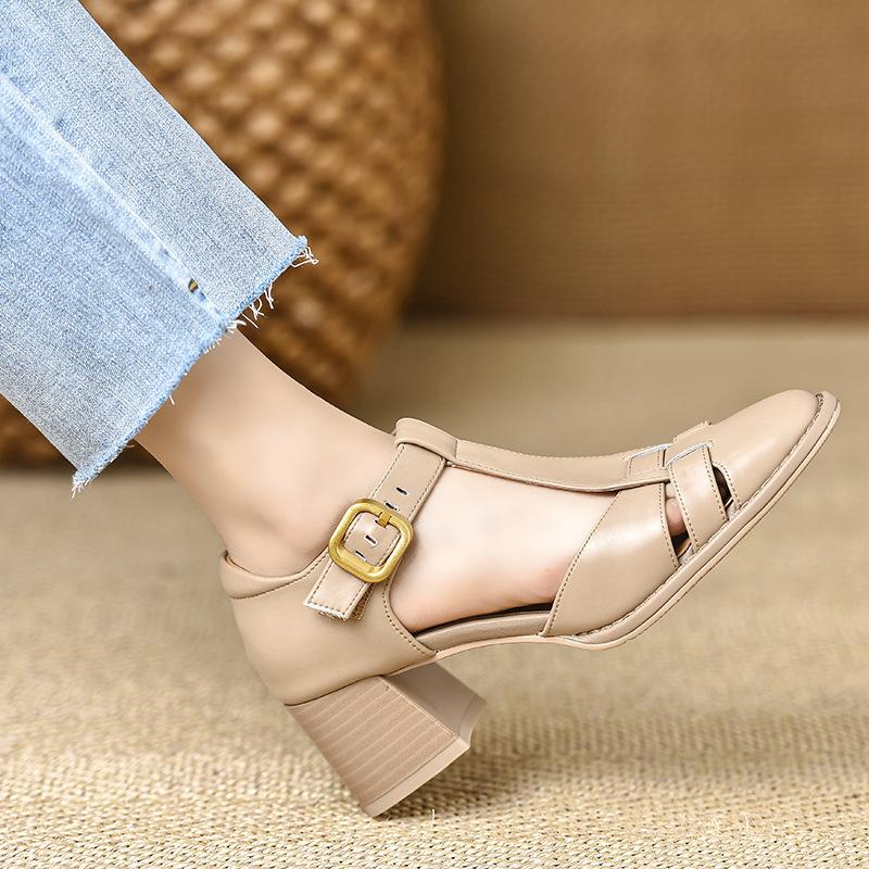 Roman Sandals Women's Summer Thick Heels Women's Shoes with Cutout Soft Leather Elegant and Versatile High Heels
