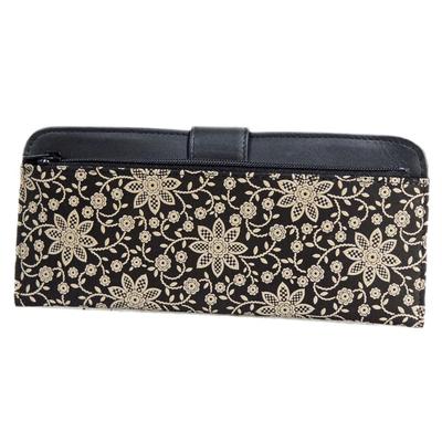 Indenya Inden Long Wallet 2107, Large, Black Deer Leather with White Lacquer, Clematis Pattern, 8.5cm X 19cm X 1.3cm, Ultra-Thin