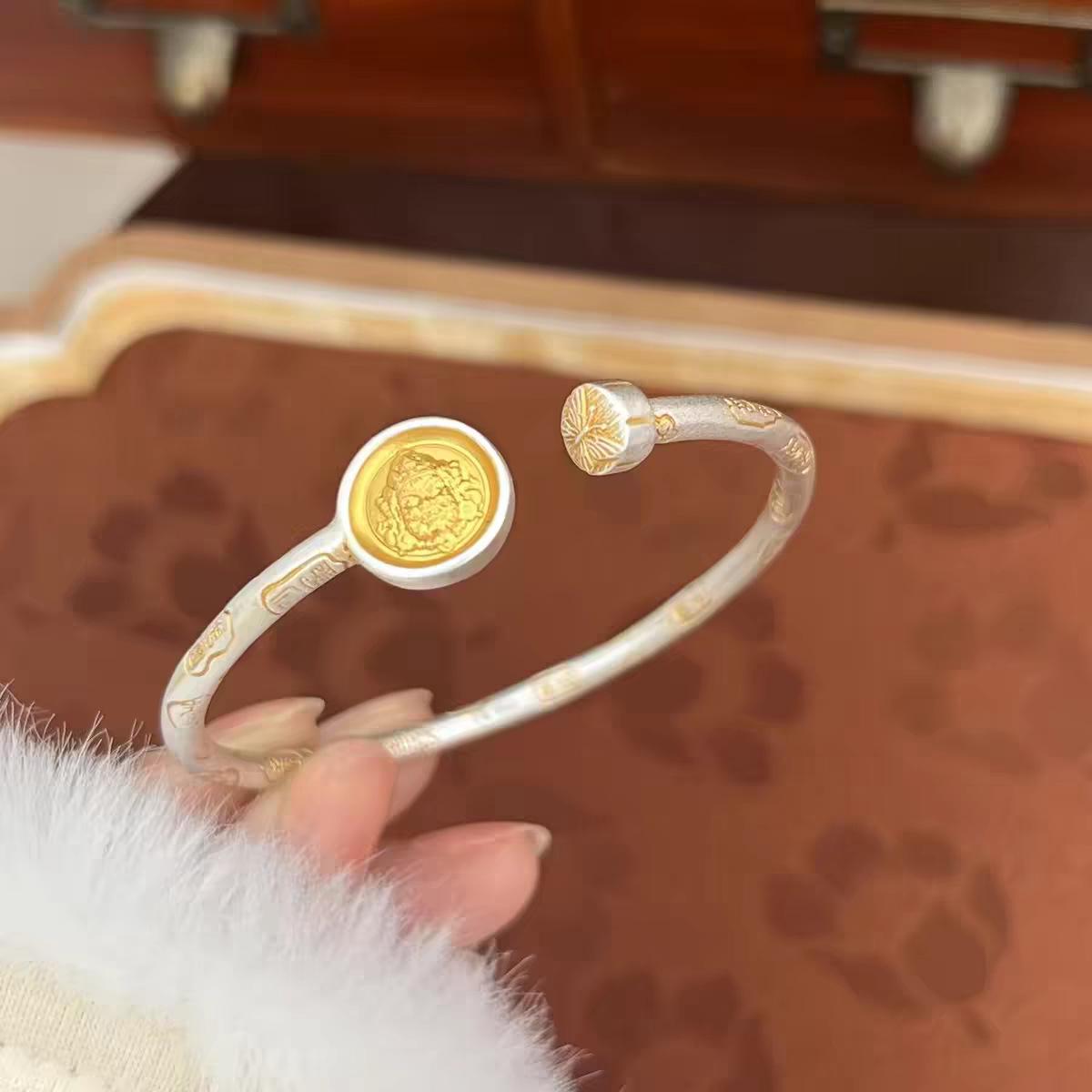9999 Sterling Silver Hand-Painted Gold Chinese Open Bracelet with Auspicious Words for Women