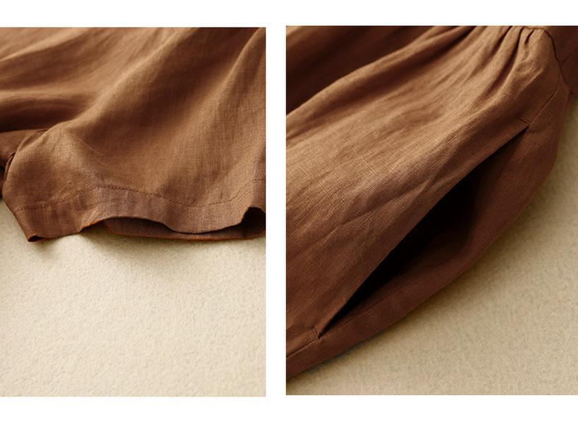 2025 Summer Literary Loose Cotton Linen Dress - Women's Solid Color, Round Neck, Short Sleeve, Mid-Length