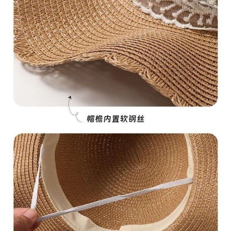 Straw hat big cover hat summer new sunscreen sun hat sweet bucket hat breathable lace bow grass