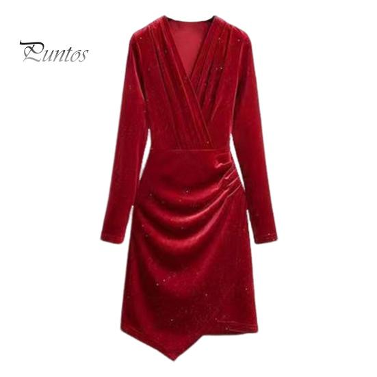 

Женское короткое платье с V-образным вырезом, длинными рукавами, плиссированное, чистого цвета, облегающее, с неровным подолом, мини-платье для выпускного вечера, вечерних мероприятий S красный